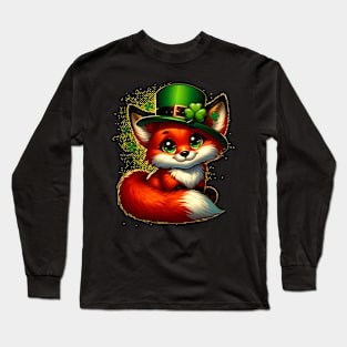 St. Patrick's Day Cute Fox in Green Hat with Shamrock Decoration Long Sleeve T-Shirt